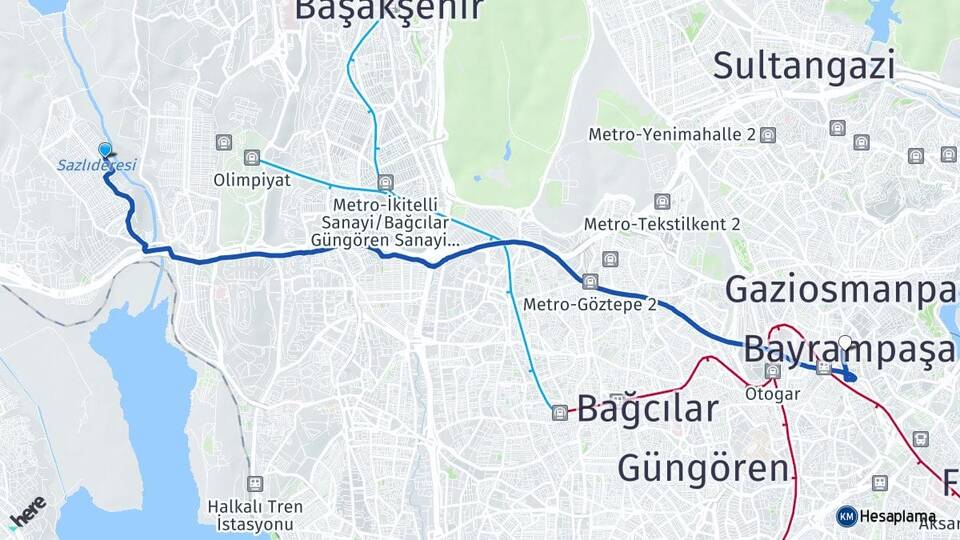 İstanbul Başakşehir Şahintepe Bayrampaşa Arası Kaç Km - Yol Haritası