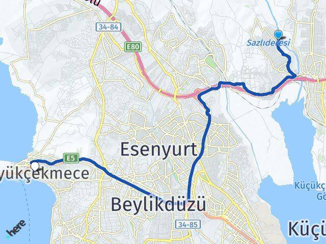 İstanbul Başakşehir Şahintepe Büyükçekmece Arası Kaç Km - Yol Haritası