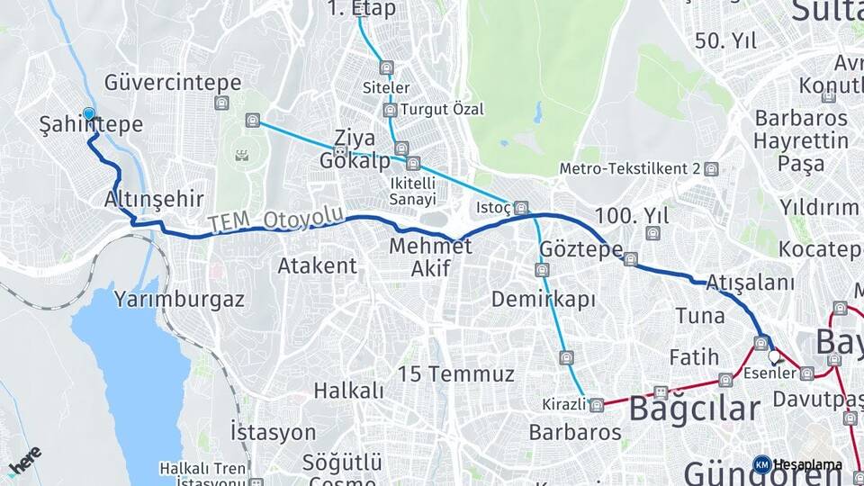 İstanbul Başakşehir Şahintepe Esenler Arası Kaç Km - Yol Haritası