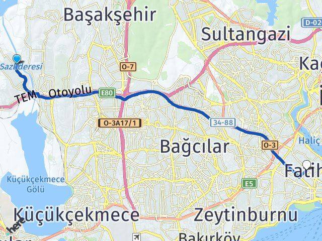 İstanbul Başakşehir Şahintepe Fatih Arası Kaç Km - Yol Haritası