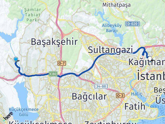 İstanbul Başakşehir Şahintepe Kağıthane Arası Kaç Km - Yol Haritası