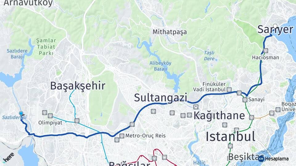İstanbul Başakşehir Şahintepe Sarıyer Arası Kaç Km - Yol Haritası