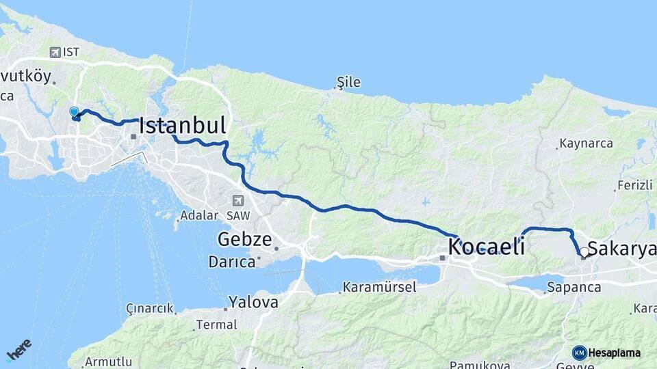 İstanbul Başakşehir Sakarya Arası Kaç Km - Yol Haritası