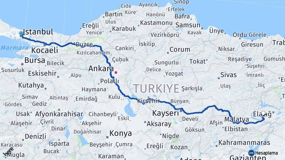 İstanbul Baskil Elazığ Arası Kaç Km - Yol Haritası