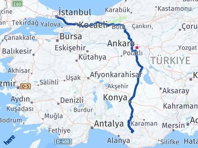 İstanbul Başyayla Karaman Arası Kaç Km - Yol Haritası