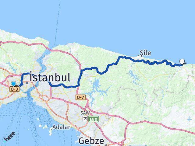 İstanbul Bayrampaşa Ağva Şile Arası Kaç Km - Yol Haritası