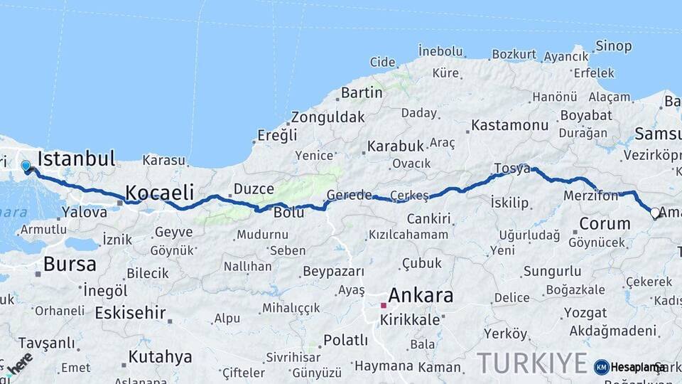 İstanbul Bayrampaşa Amasya Arası Kaç Km - Yol Haritası
