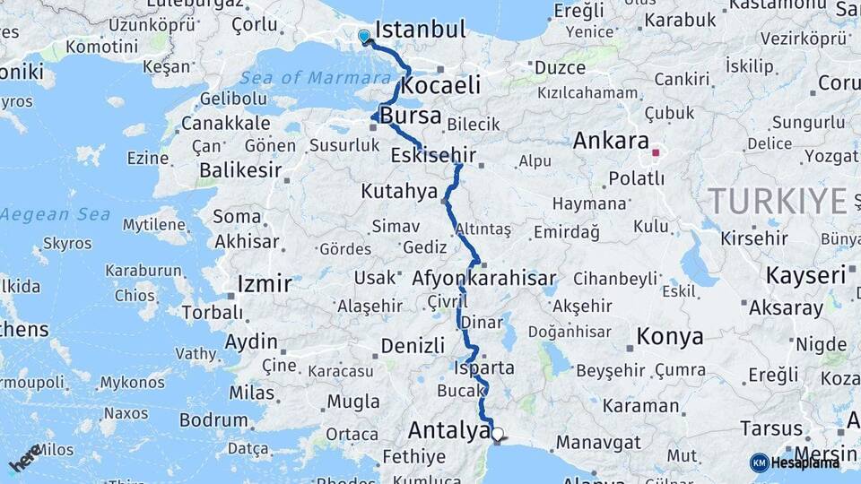 İstanbul Bayrampaşa Antalya Arası Kaç Km - Yol Haritası