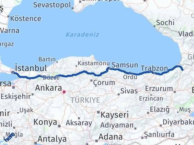 İstanbul Bayrampaşa Artvin Arası Kaç Km - Yol Haritası