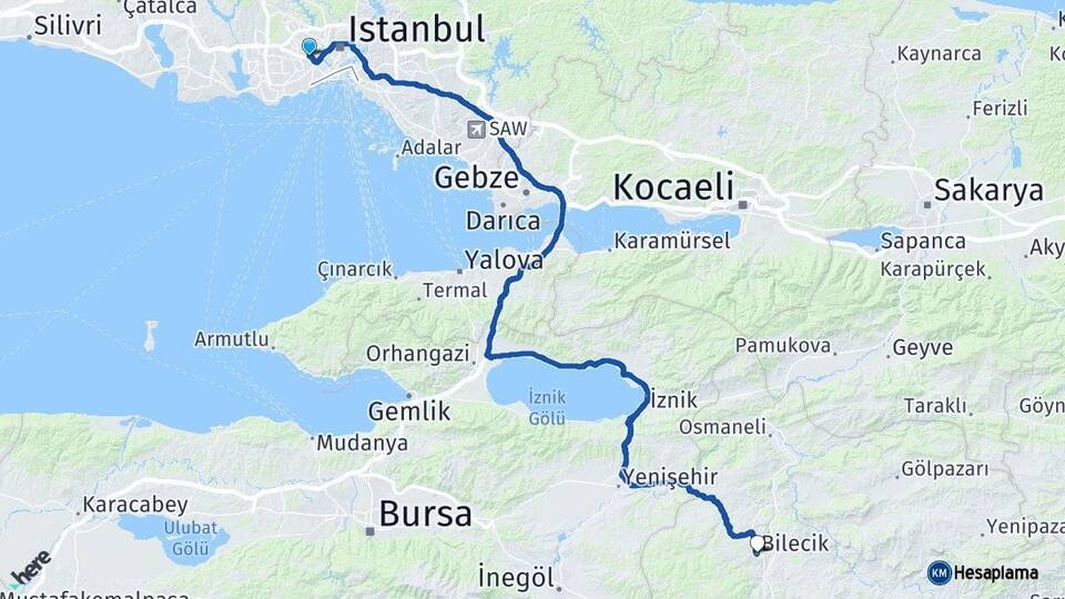 İstanbul Bayrampaşa Bilecik Arası Kaç Km - Yol Haritası