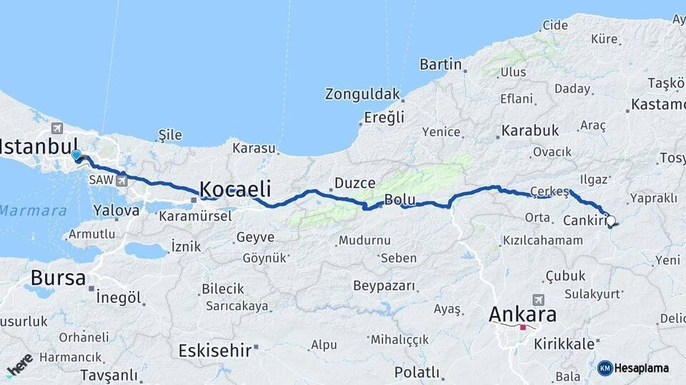 İstanbul Bayrampaşa Çankırı Arası Kaç Km - Yol Haritası