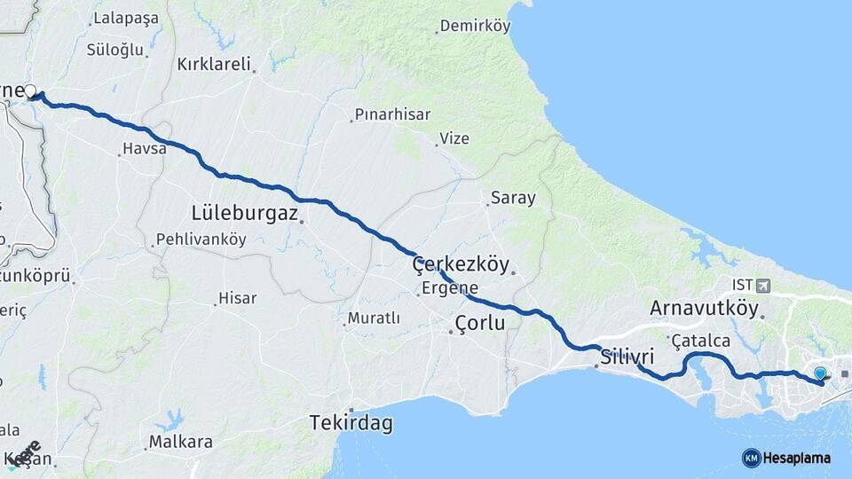 İstanbul Bayrampaşa Edirne Arası Kaç Km - Yol Haritası