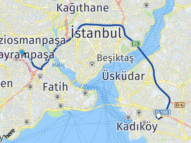 İstanbul Bayrampaşa Fikirtepe Kadıköy Arası Kaç Km - Yol Haritası