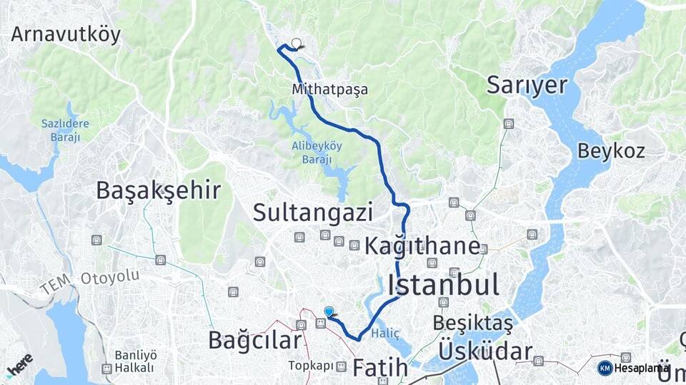İstanbul Bayrampaşa Göktürk Eyüpsultan Arası Kaç Km - Yol Haritası