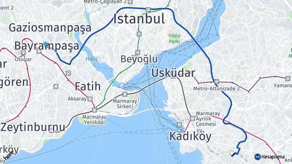 İstanbul Bayrampaşa Göztepe Kadıköy Arası Kaç Km - Yol Haritası