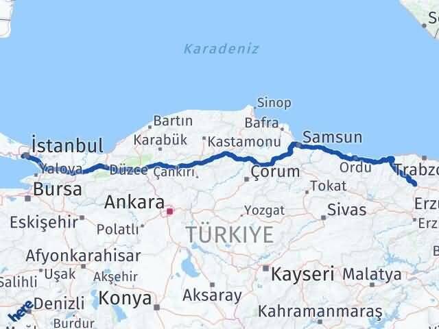 İstanbul Bayrampaşa Gümüşhane Arası Kaç Km - Yol Haritası