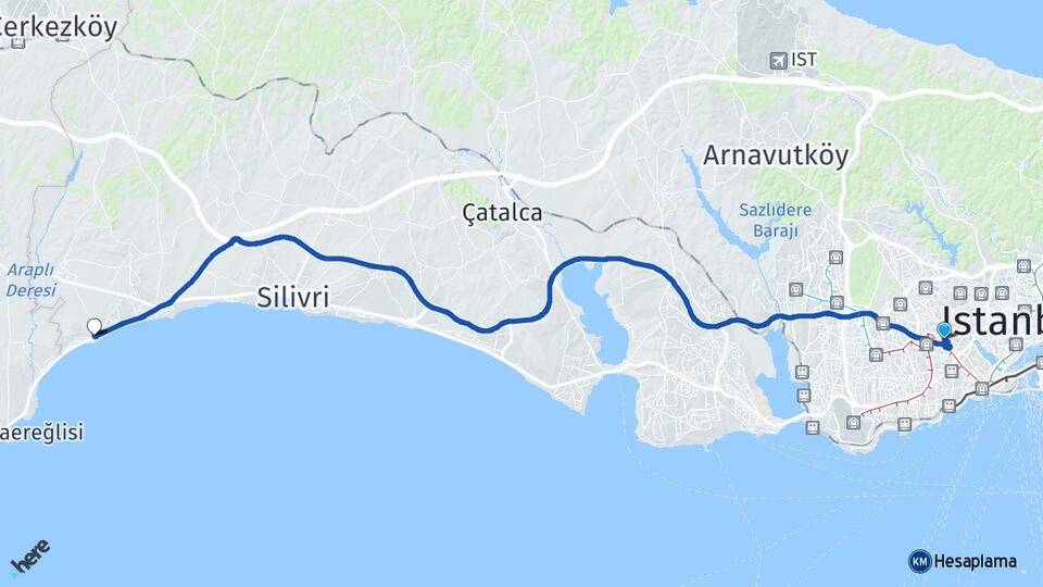 İstanbul Bayrampaşa Gümüşyaka Silivri Arası Kaç Km - Yol Haritası