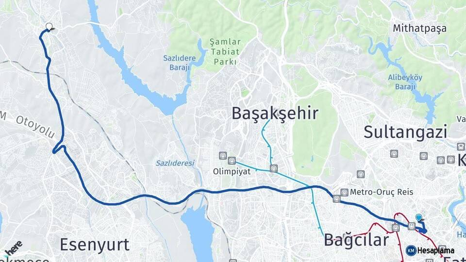İstanbul Bayrampaşa Hadımköy Arnavutköy Arası Kaç Km - Yol Haritası