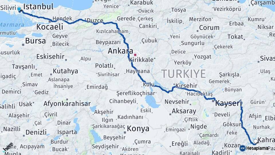 İstanbul Bayrampaşa Kahramanmaraş Arası Kaç Km - Yol Haritası