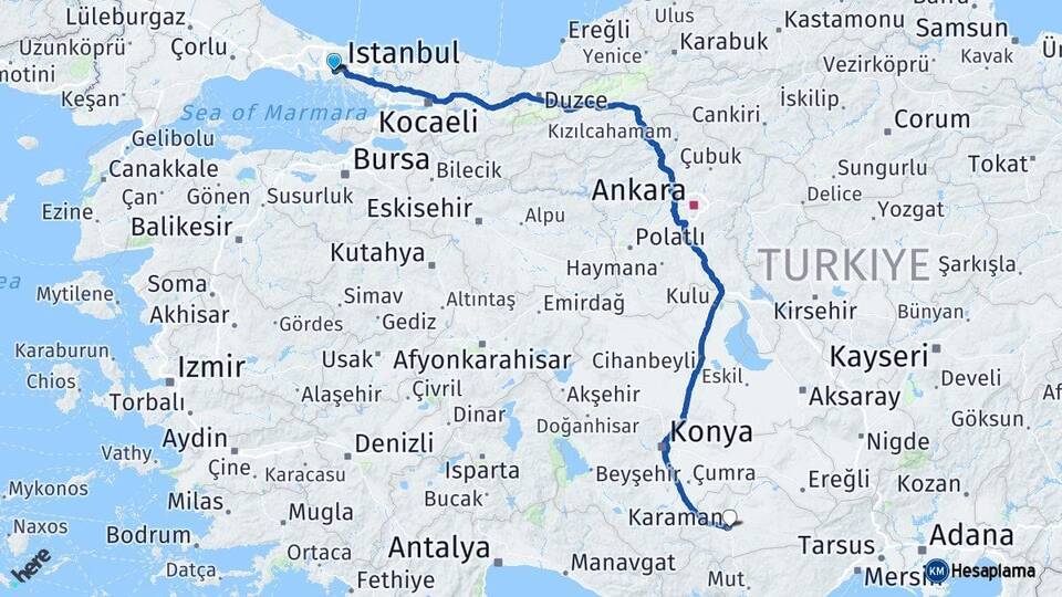 İstanbul Bayrampaşa Karaman Arası Kaç Km - Yol Haritası