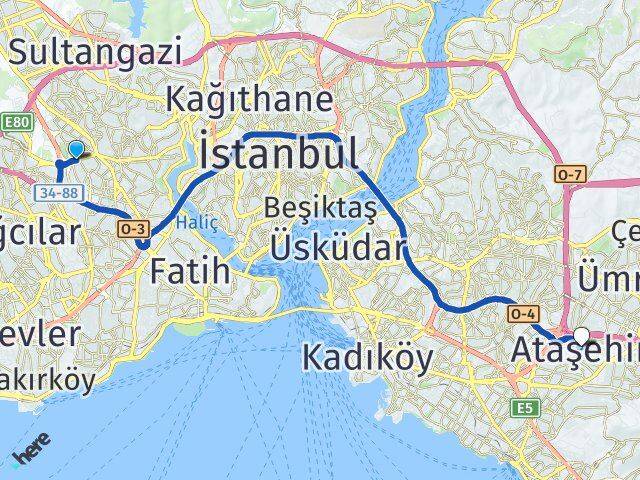 İstanbul Bayrampaşa Kocatepe Ataşehir Arası Kaç Km - Yol Haritası