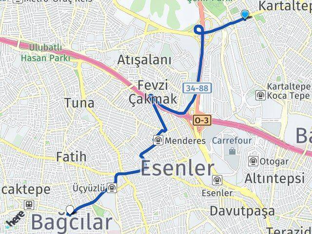 İstanbul Bayrampaşa Kocatepe Bağcılar Arası Kaç Km - Yol Haritası
