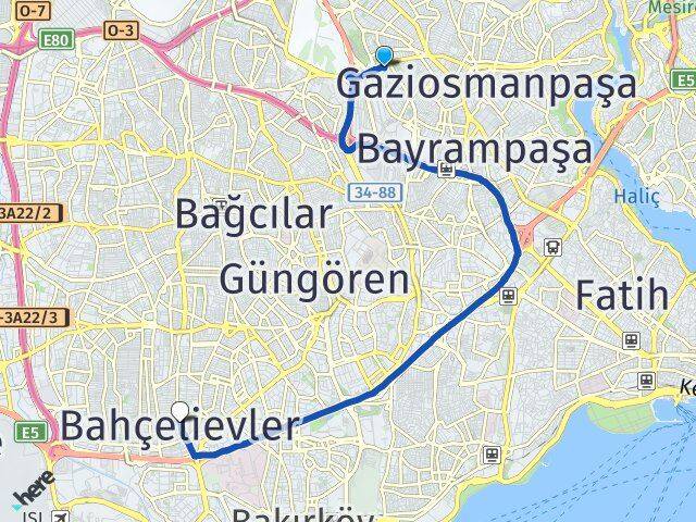 İstanbul Bayrampaşa Kocatepe Bahçelievler Arası Kaç Km - Yol Haritası
