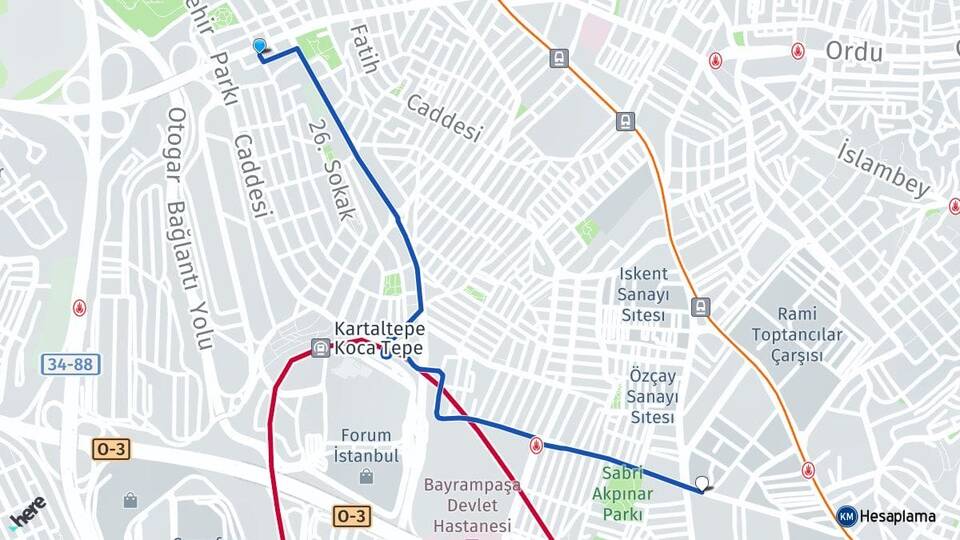İstanbul Bayrampaşa Kocatepe Bayrampaşa Arası Kaç Km - Yol Haritası