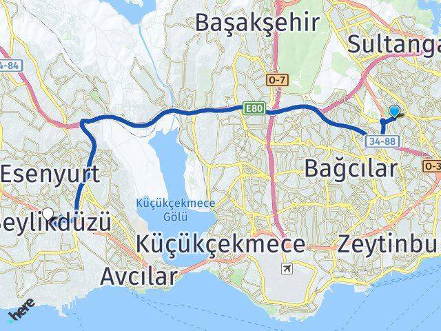 İstanbul Bayrampaşa Kocatepe Beylikdüzü Arası Kaç Km - Yol Haritası