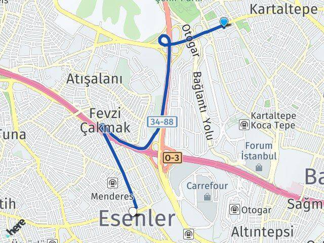 İstanbul Bayrampaşa Kocatepe Esenler Arası Kaç Km - Yol Haritası