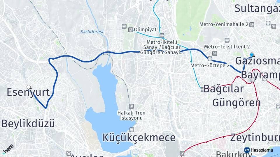 İstanbul Bayrampaşa Kocatepe Esenyurt Arası Kaç Km - Yol Haritası