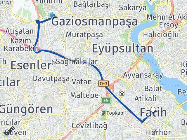 İstanbul Bayrampaşa Kocatepe Fatih Arası Kaç Km - Yol Haritası