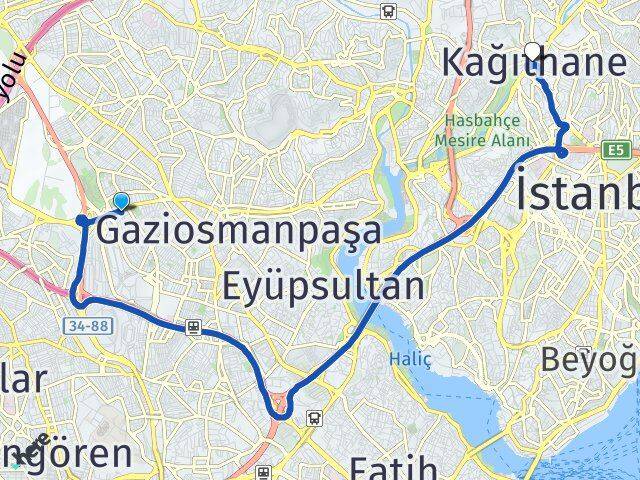 İstanbul Bayrampaşa Kocatepe Kağıthane Arası Kaç Km - Yol Haritası