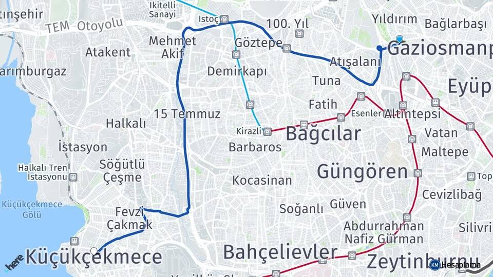 İstanbul Bayrampaşa Kocatepe Küçükçekmece Arası Kaç Km - Yol Haritası