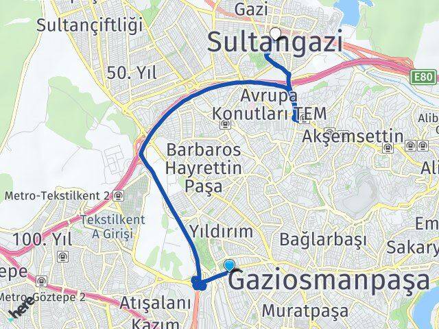 İstanbul Bayrampaşa Kocatepe Sultangazi Arası Kaç Km - Yol Haritası