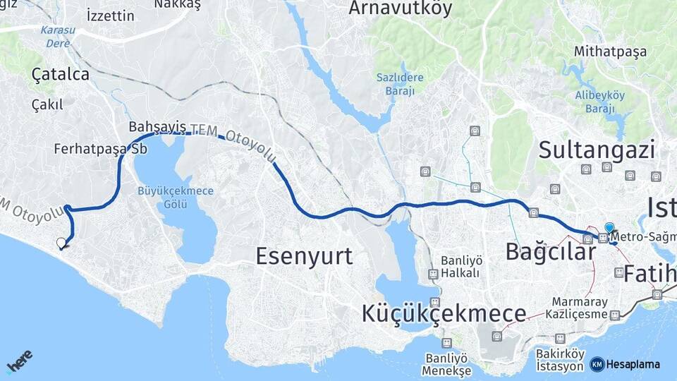 İstanbul Bayrampaşa Kumburgaz Büyükçekmece Arası Kaç Km - Yol Haritası