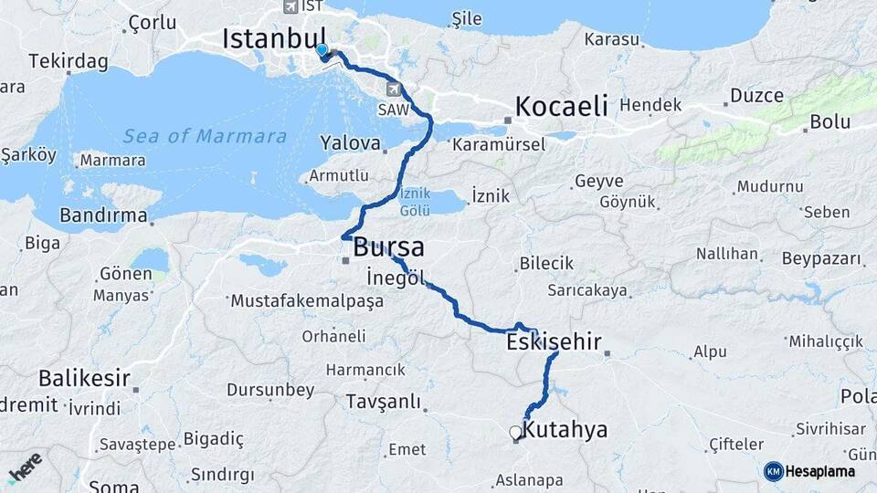 İstanbul Bayrampaşa Kütahya Arası Kaç Km - Yol Haritası