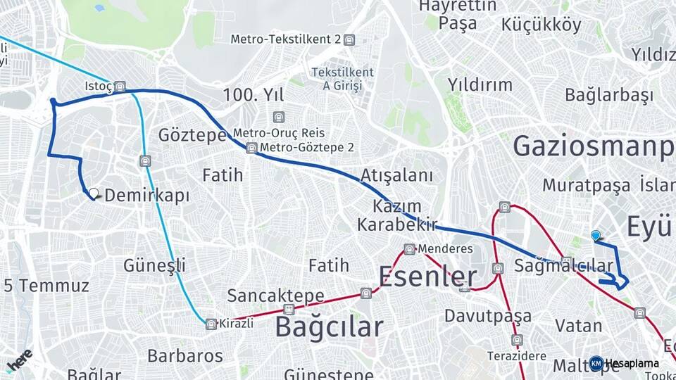 İstanbul Bayrampaşa Mahmutbey Bağcılar Arası Kaç Km - Yol Haritası
