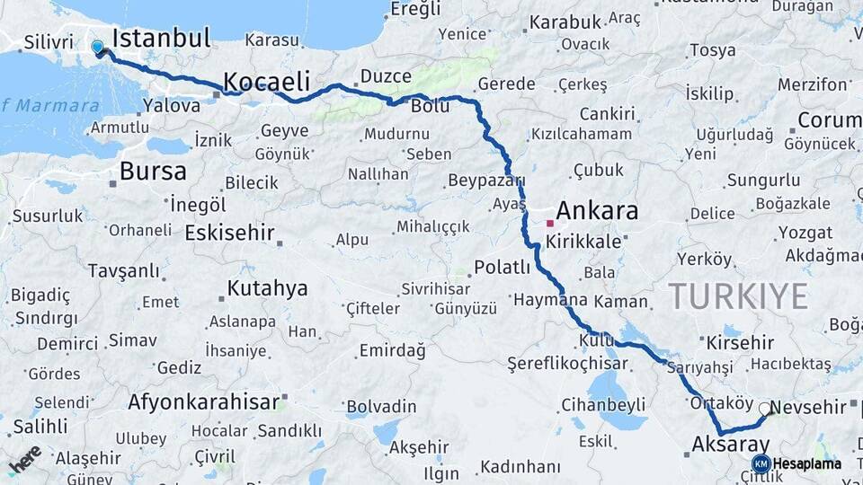 İstanbul Bayrampaşa Nevşehir Arası Kaç Km - Yol Haritası