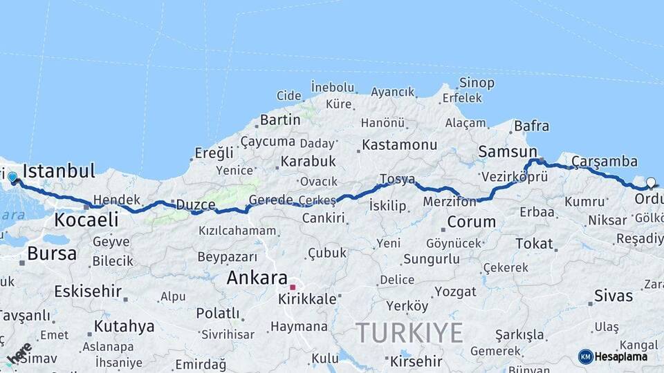 İstanbul Bayrampaşa Ordu Arası Kaç Km - Yol Haritası