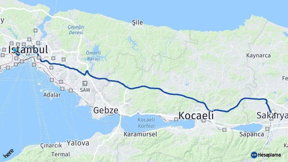 İstanbul Bayrampaşa Sakarya Arası Kaç Km - Yol Haritası
