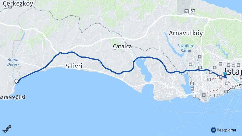 İstanbul Bayrampaşa Sultanköy Marmaraereğlisi Tekirdağ Arası Kaç Km - Yol Haritası