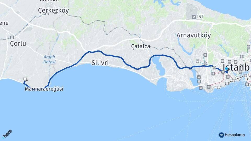 İstanbul Bayrampaşa Yeniçiftlik Marmaraereğlisi Tekirdağ Arası Kaç Km - Yol Haritası