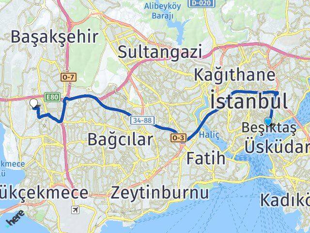 İstanbul Beşiktaş Atakent Küçükçekmece Arası Kaç Km - Yol Haritası