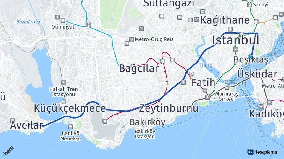 İstanbul Beşiktaş Avcılar Arası Kaç Km - Yol Haritası