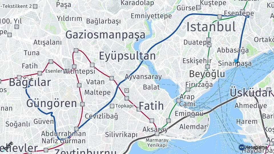 İstanbul Beşiktaş Bağcılar Arası Kaç Km - Yol Haritası