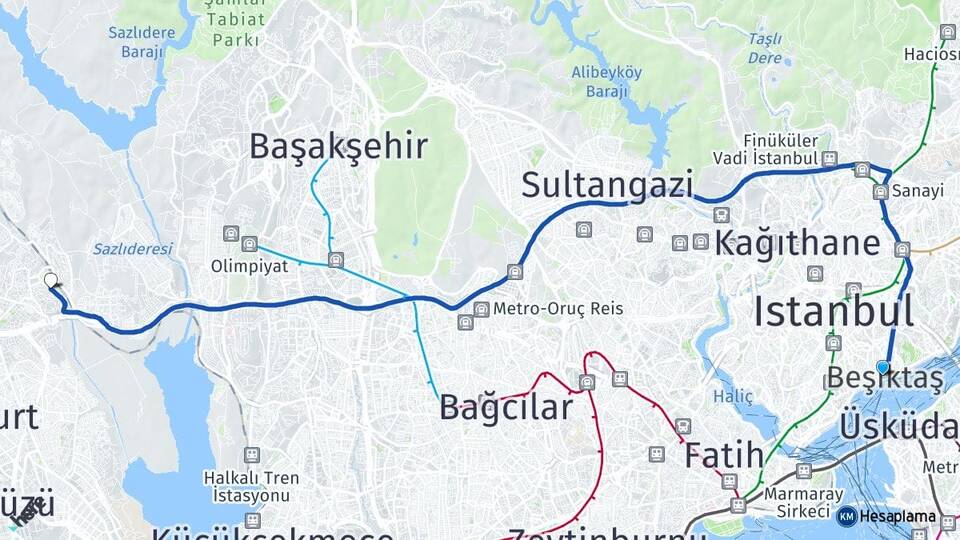 İstanbul Beşiktaş Bahçeşehir 1. Kısım Başakşehir Arası Kaç Km - Yol Haritası