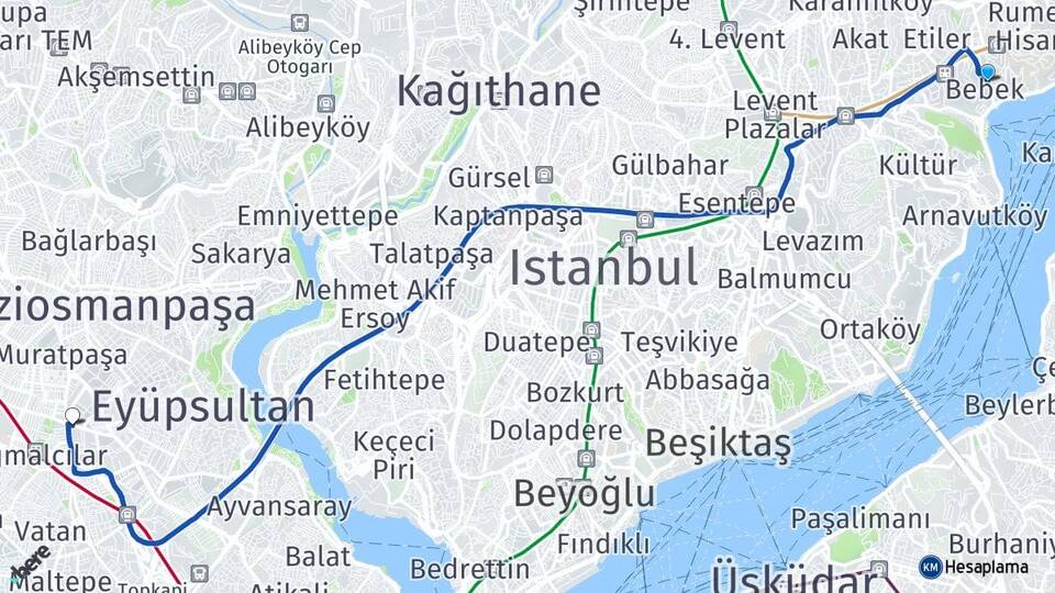 İstanbul Beşiktaş Bebek Bayrampaşa Arası Kaç Km - Yol Haritası