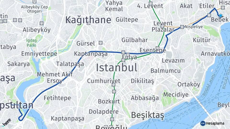 İstanbul Beşiktaş Bebek Eyüpsultan Arası Kaç Km - Yol Haritası