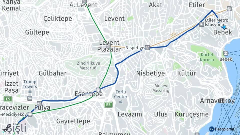İstanbul Beşiktaş Bebek Şişli Arası Kaç Km - Yol Haritası
